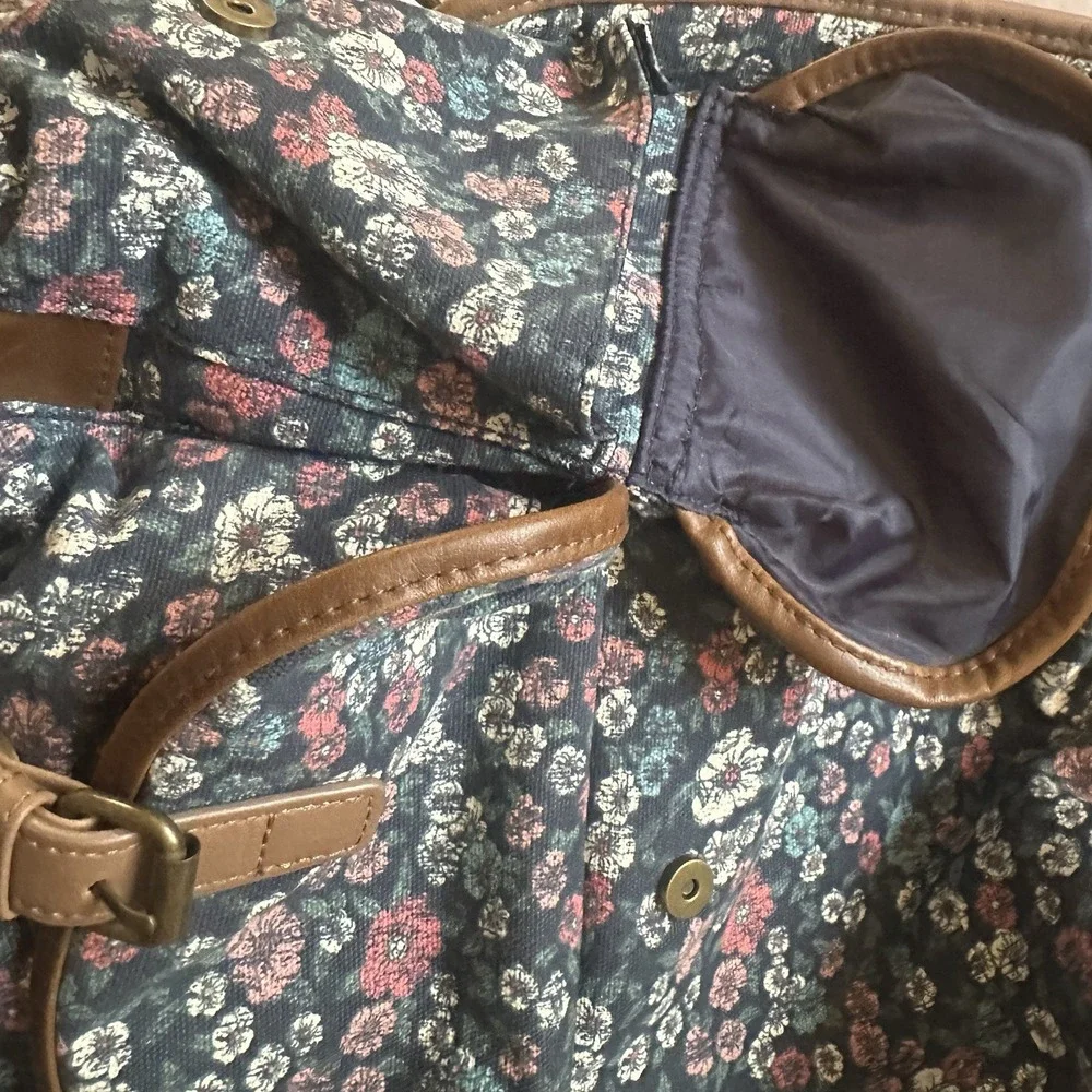 Vintage Y2K MUDD Canvas Floral Print Boho Backpack Satchel Bag‎ w/Leather Trim